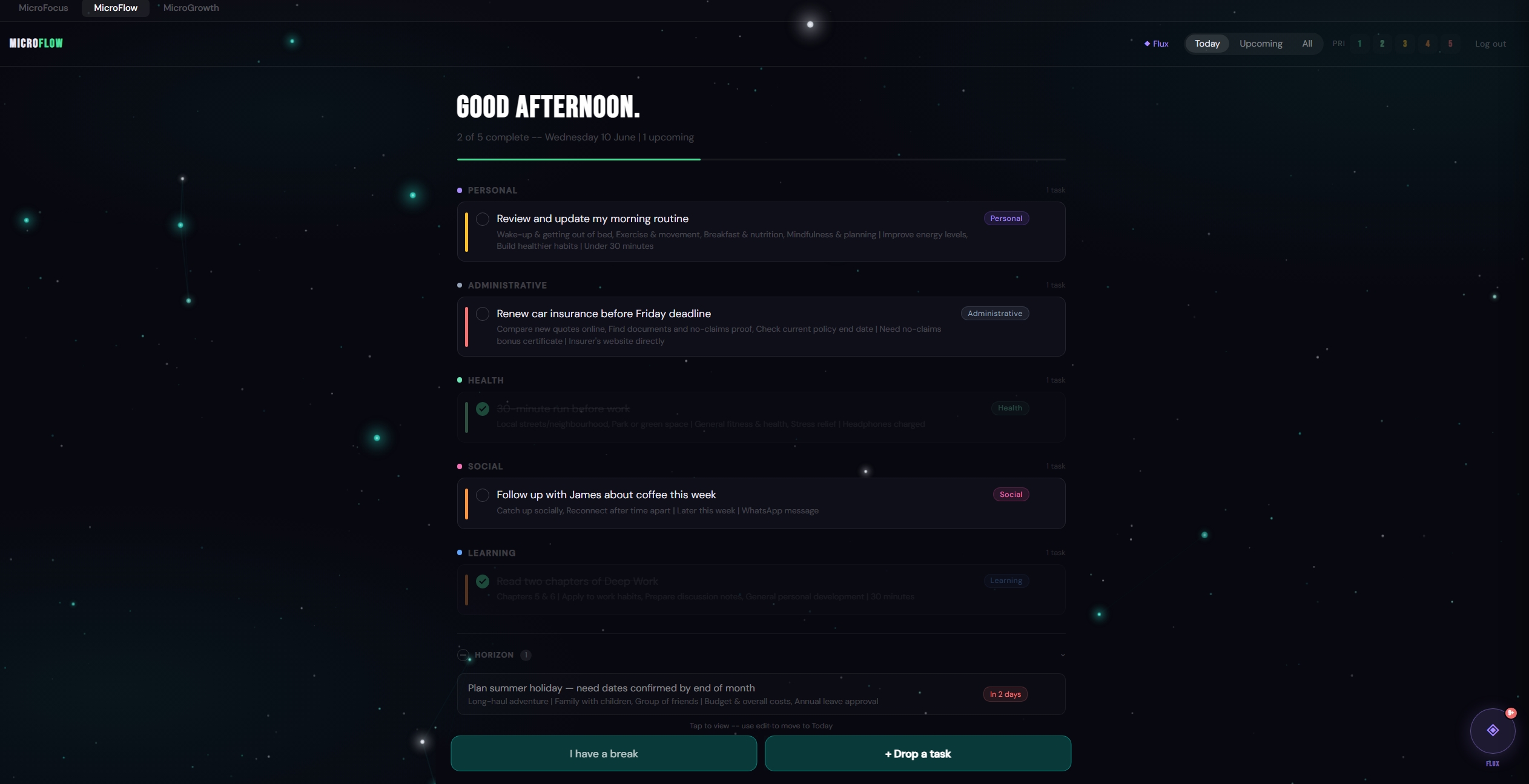 MicroFlow daily task view — prioritised tasks by life area